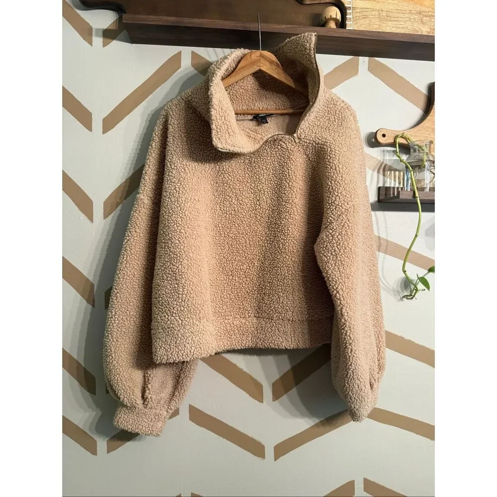 Express Beige‎ Teddy Faux Fur Asymmetrical Zipper Fuzzy Pullover Sweater Medium